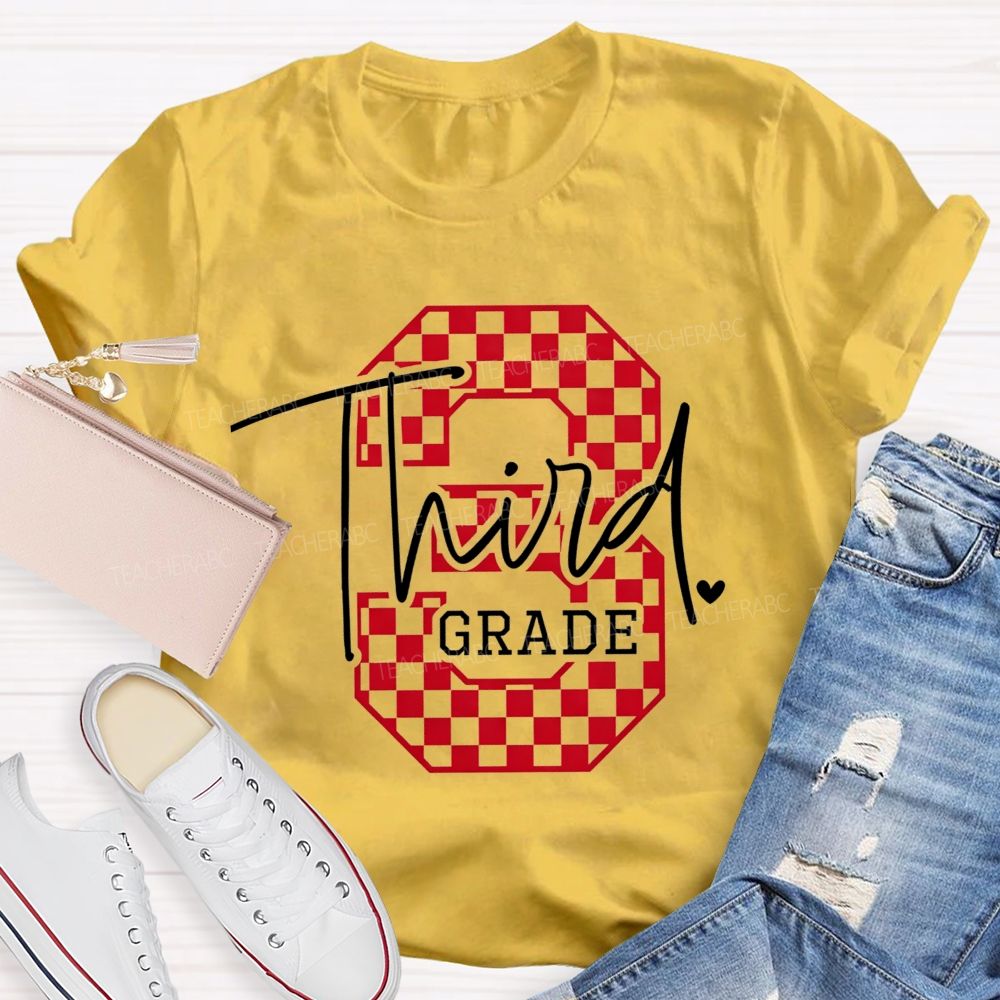 Personalized Grade Checkered Third Grade Script Heart Teacher T-shirt