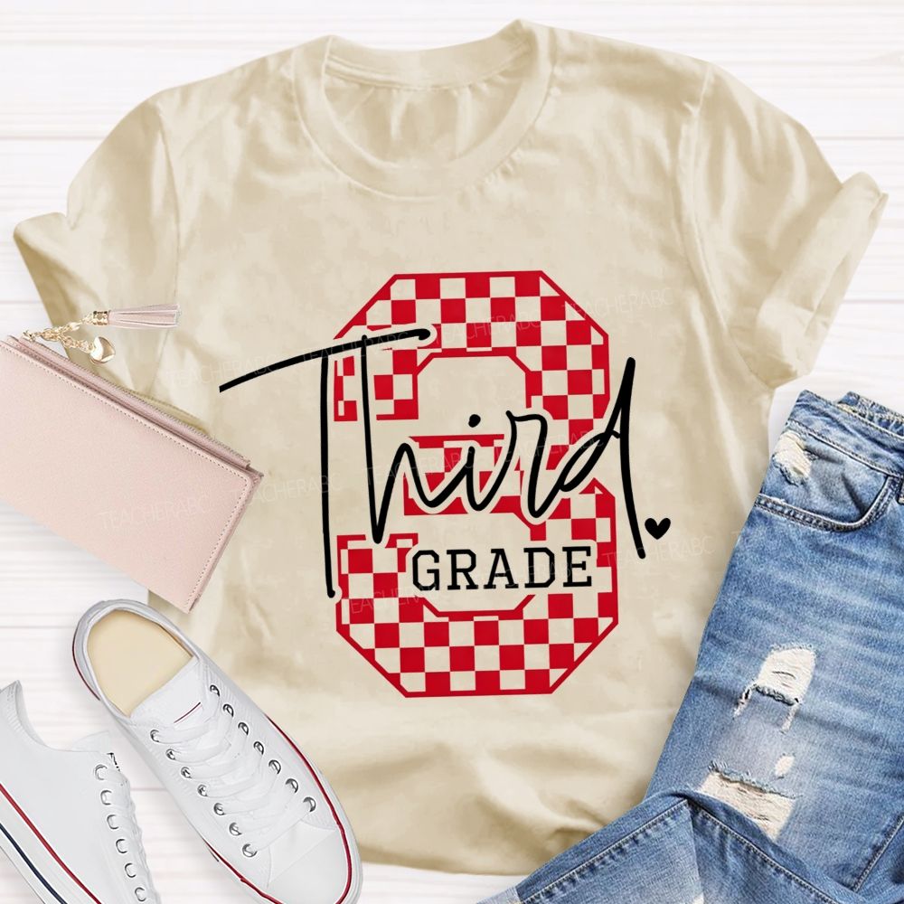 Personalized Grade Checkered Third Grade Script Heart Teacher T-shirt