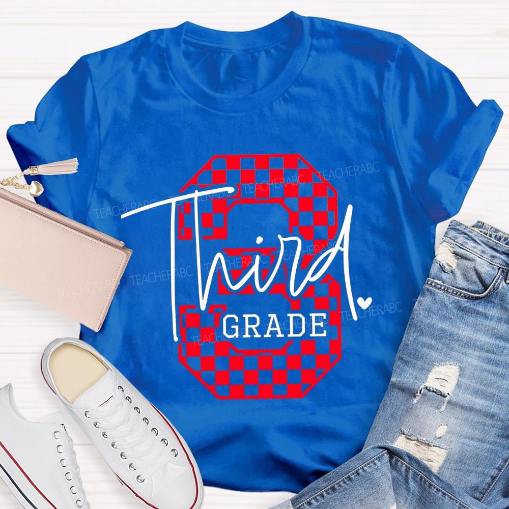 Personalized Grade Checkered Third Grade Script Heart Teacher T-shirt