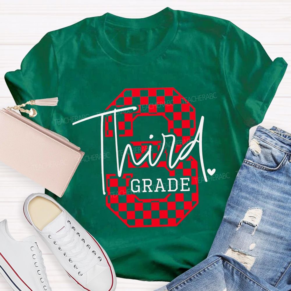 Personalized Grade Checkered Third Grade Script Heart Teacher T-shirt