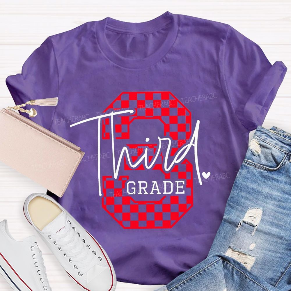 Personalized Grade Checkered Third Grade Script Heart Teacher T-shirt