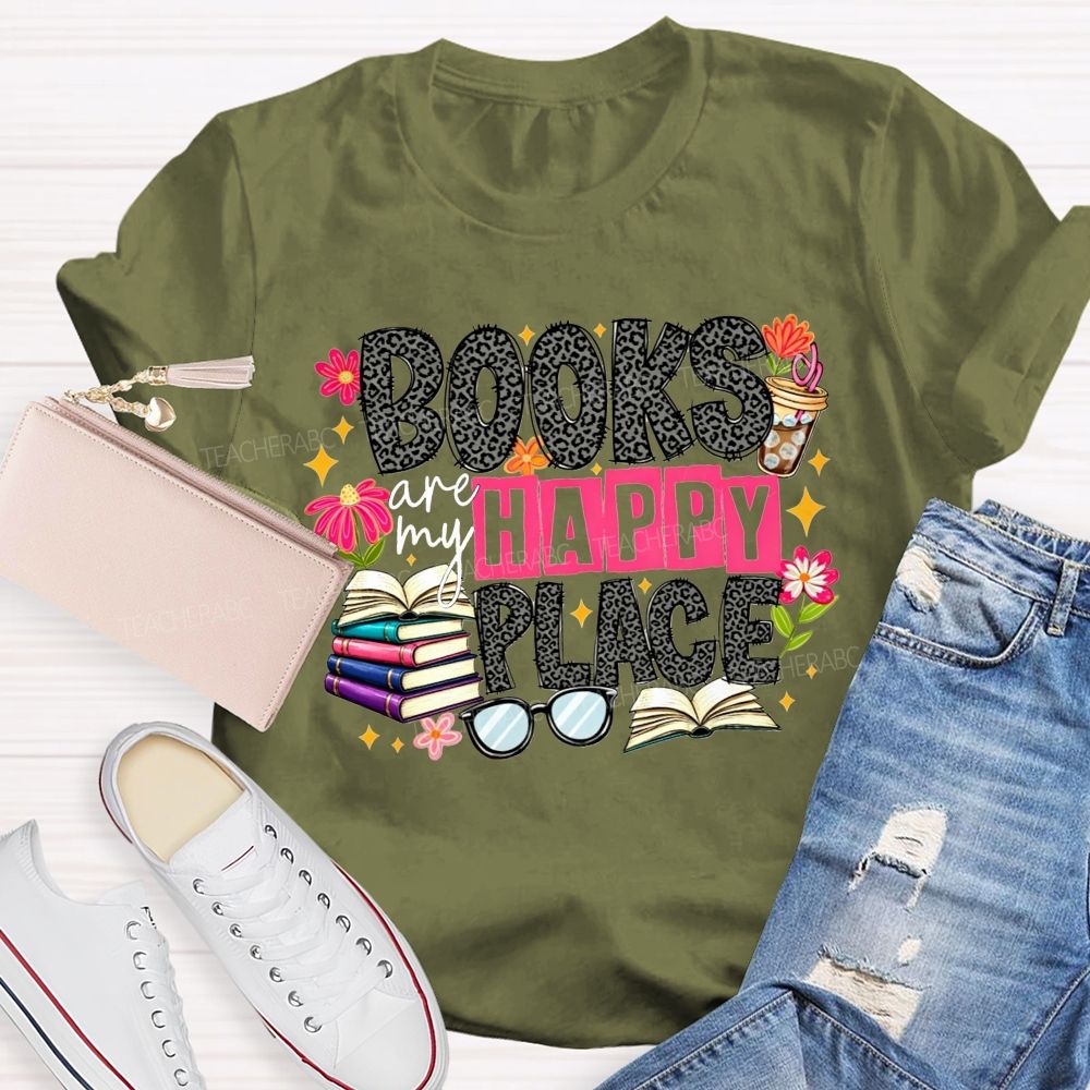 Books Are My Happy Place Leopard Print Book Lover Teacher T-shirt