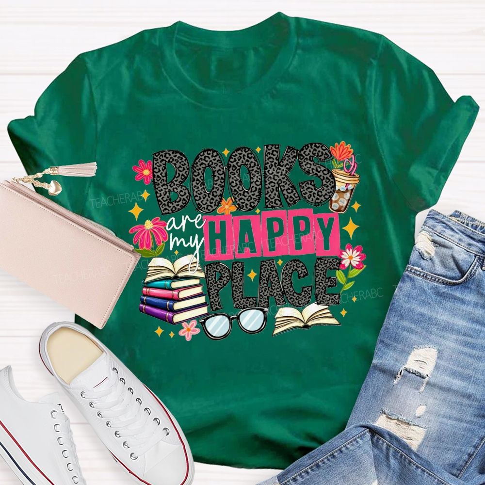 Books Are My Happy Place Leopard Print Book Lover Teacher T-shirt