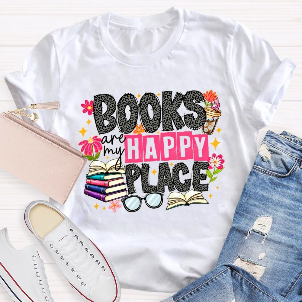 Books Are My Happy Place Leopard Print Book Lover Teacher T-shirt