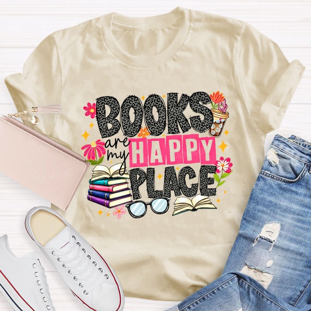 Books Are My Happy Place Leopard Print Book Lover Teacher T-shirt
