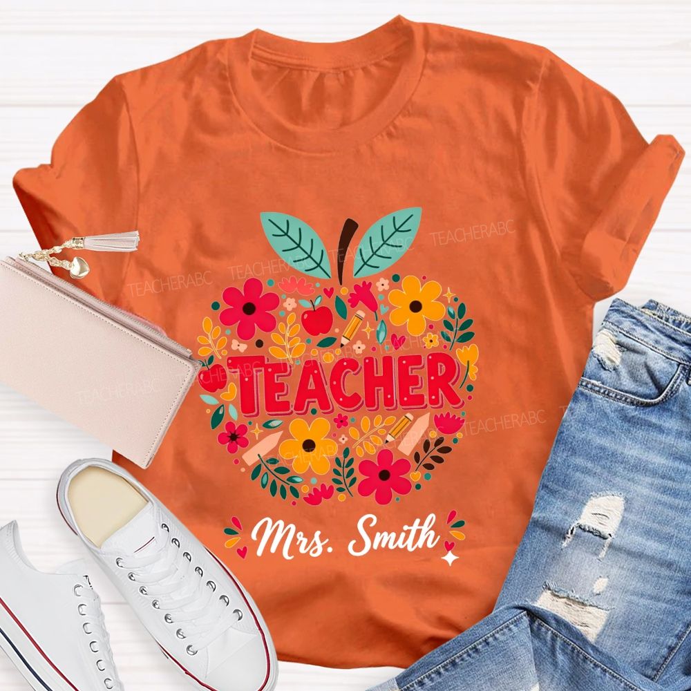 Personalized Name Teacher Wildflower Filled Apple Teacher T-shirt
