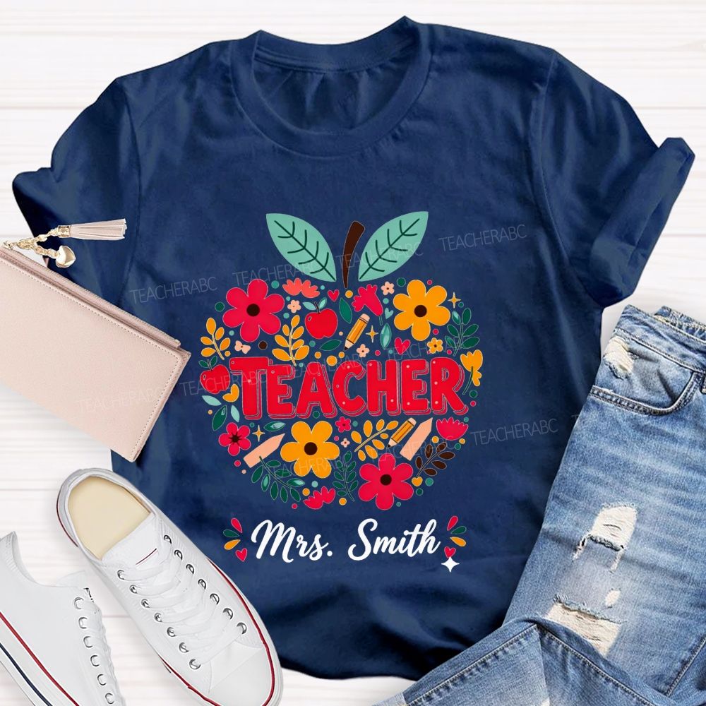 Personalized Name Teacher Wildflower Filled Apple Teacher T-shirt