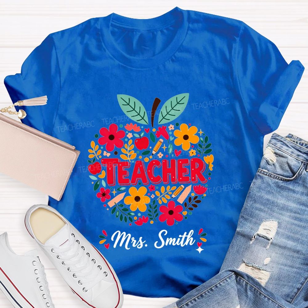 Personalized Name Teacher Wildflower Filled Apple Teacher T-shirt
