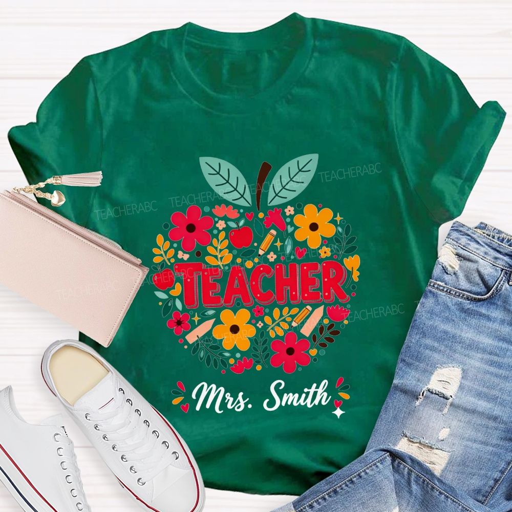 Personalized Name Teacher Wildflower Filled Apple Teacher T-shirt