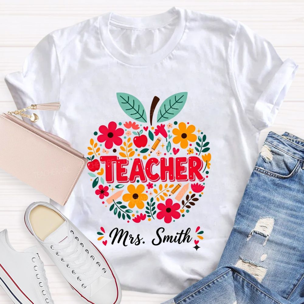 Personalized Name Teacher Wildflower Filled Apple Teacher T-shirt
