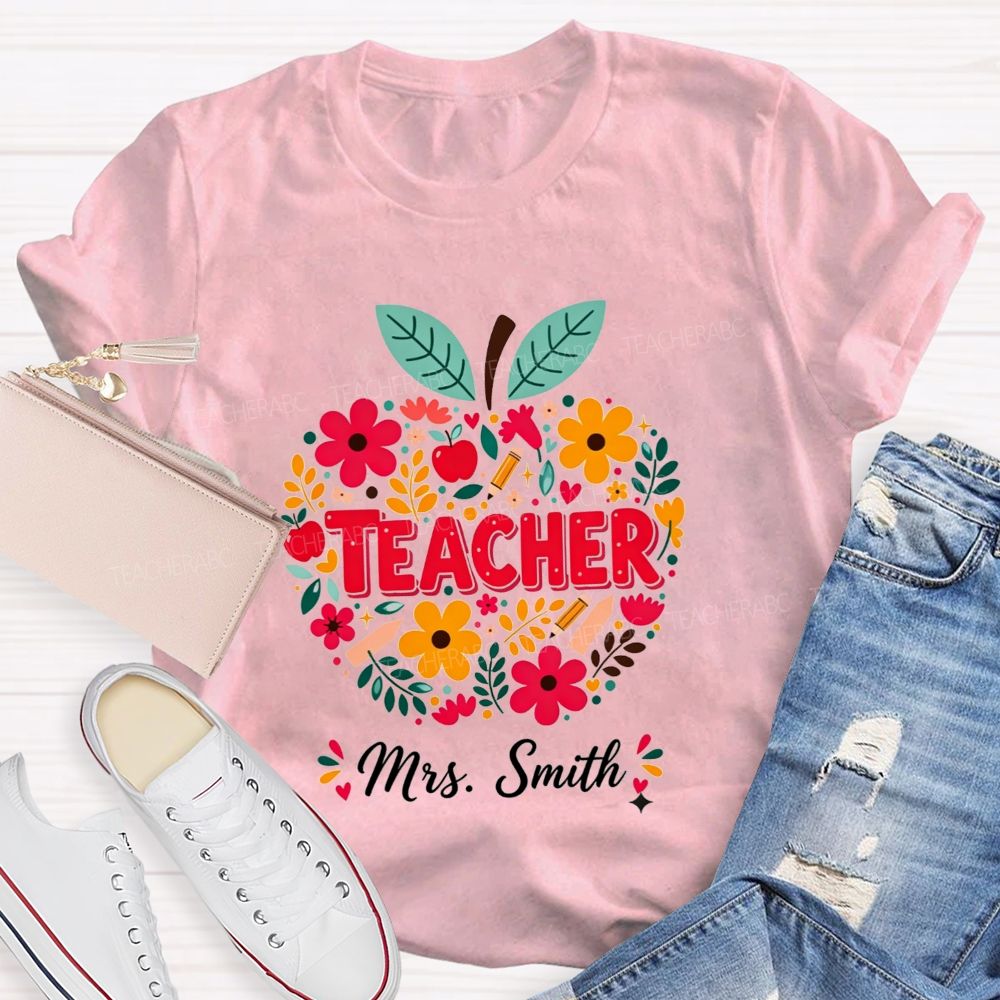 Personalized Name Teacher Wildflower Filled Apple Teacher T-shirt