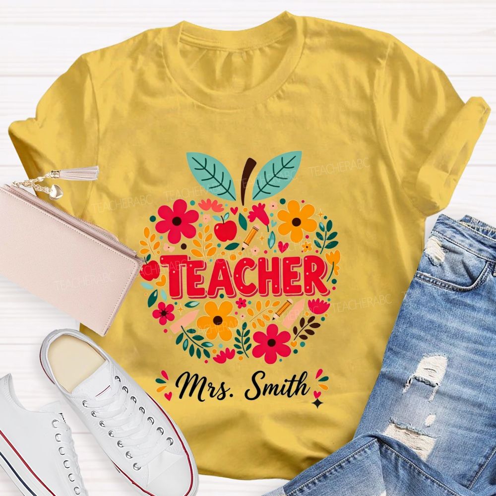 Personalized Name Teacher Wildflower Filled Apple Teacher T-shirt