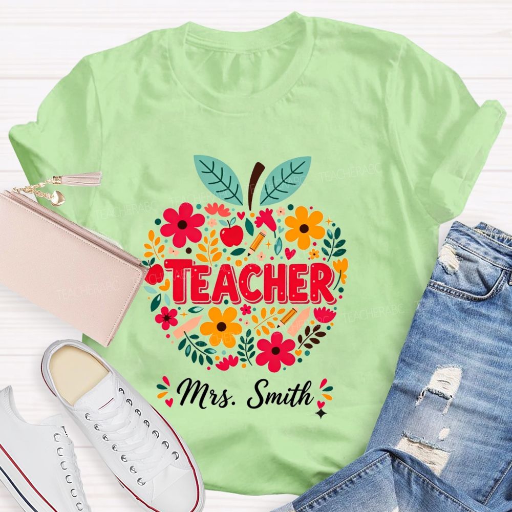 Personalized Name Teacher Wildflower Filled Apple Teacher T-shirt