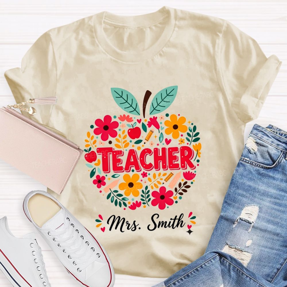 Personalized Name Teacher Wildflower Filled Apple Teacher T-shirt