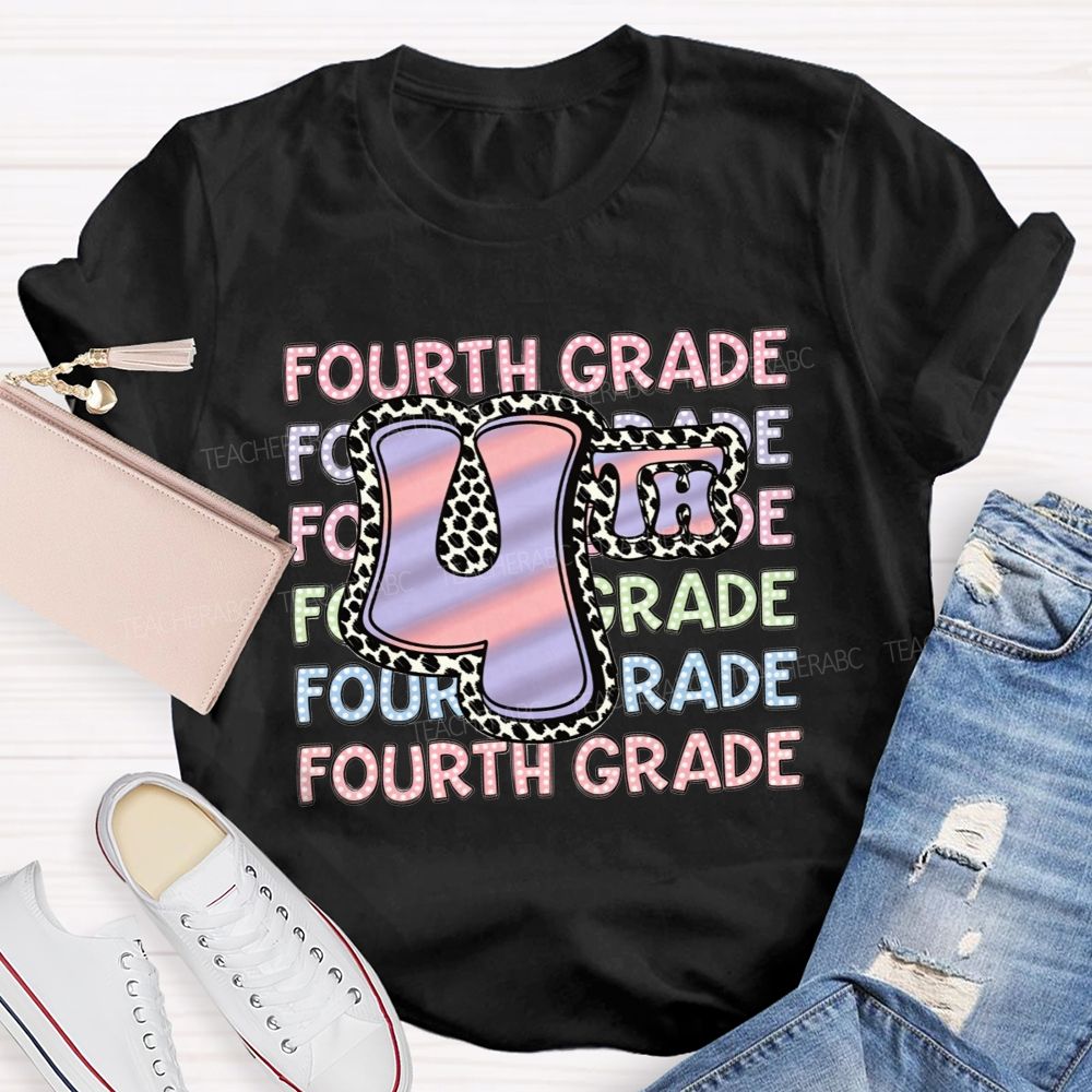 Personalized Grade Fourth Grade Vibes Leopard Print Teacher T-shirt