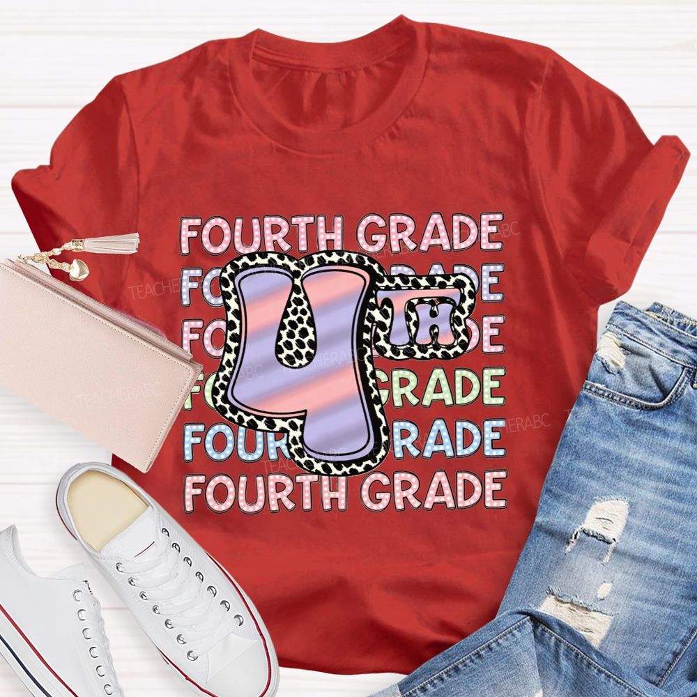 Personalized Grade Fourth Grade Vibes Leopard Print Teacher T-shirt
