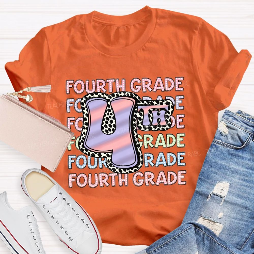 Personalized Grade Fourth Grade Vibes Leopard Print Teacher T-shirt