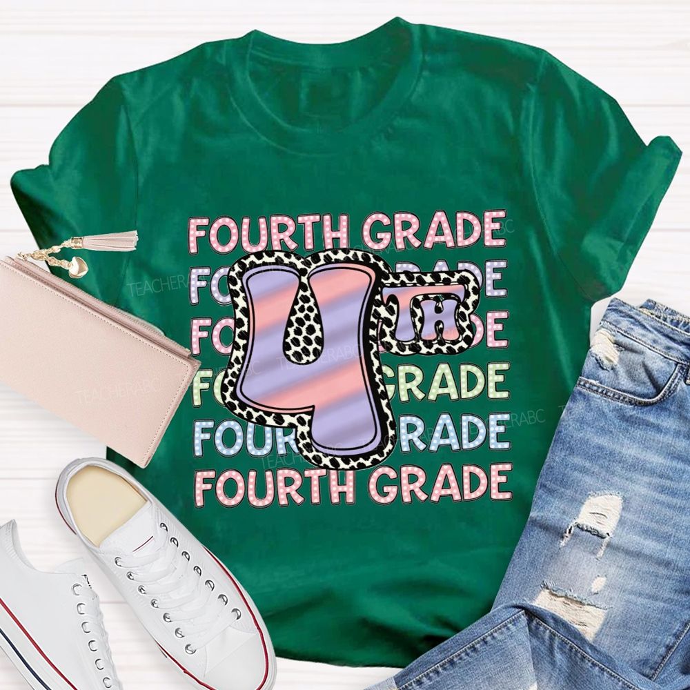 Personalized Grade Fourth Grade Vibes Leopard Print Teacher T-shirt