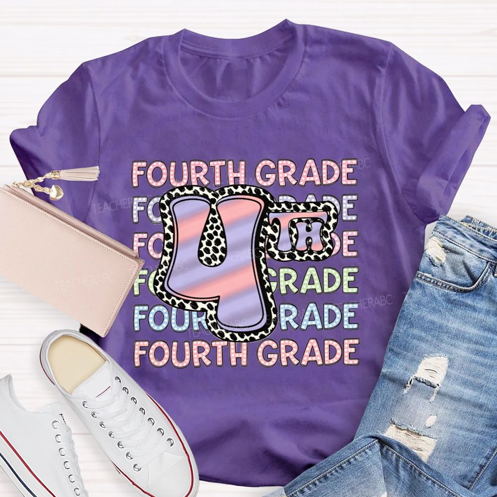 Personalized Grade Fourth Grade Vibes Leopard Print Teacher T-shirt