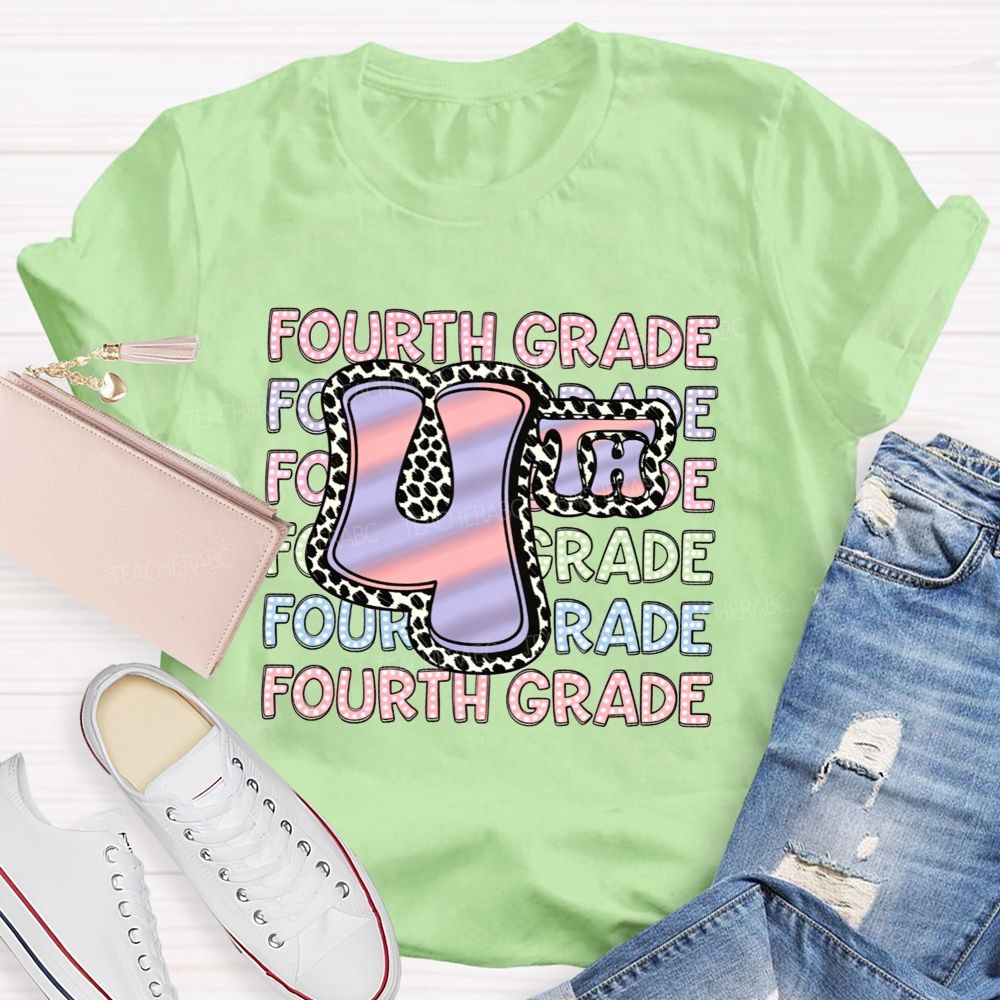 Personalized Grade Fourth Grade Vibes Leopard Print Teacher T-shirt
