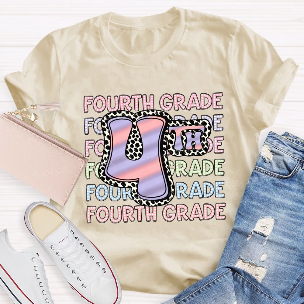 Personalized Grade Fourth Grade Vibes Leopard Print Teacher T-shirt