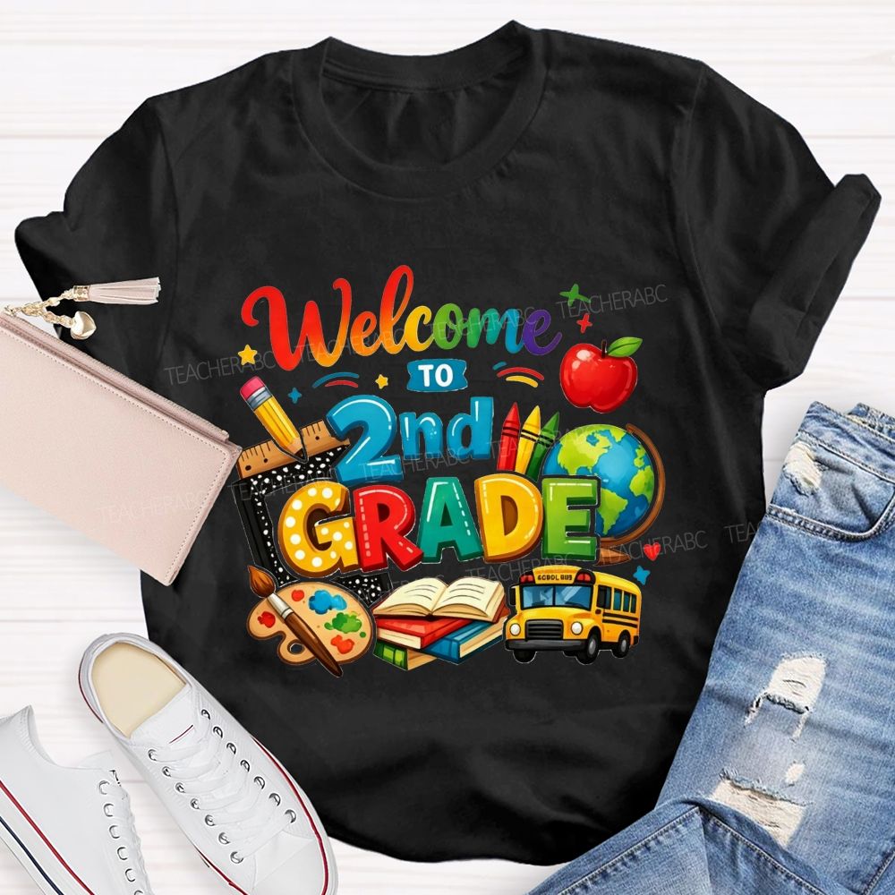 Personalized Grade Welcome To 2nd Grade School Bus And Crayons Teacher T-shirt