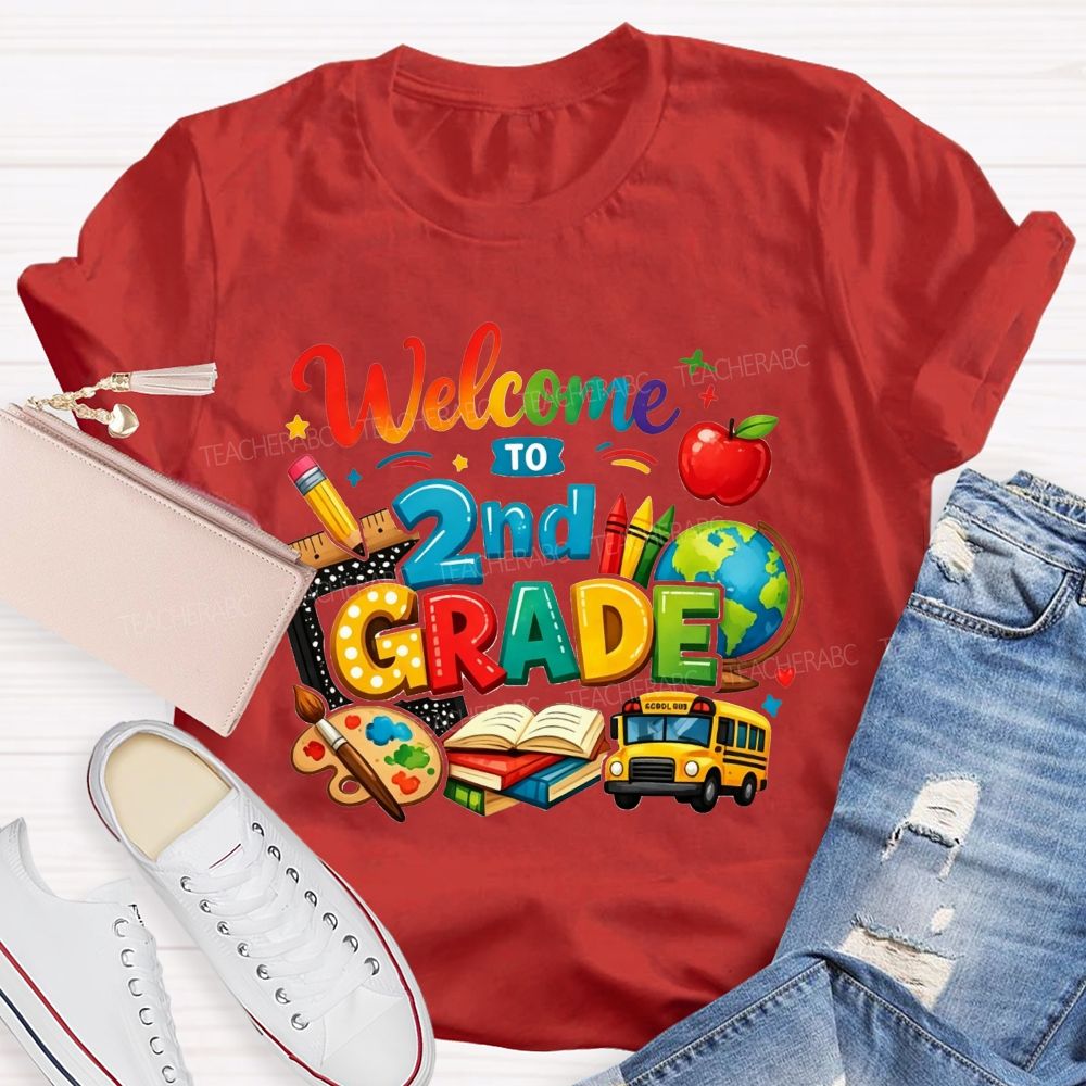 Personalized Grade Welcome To 2nd Grade School Bus And Crayons Teacher T-shirt