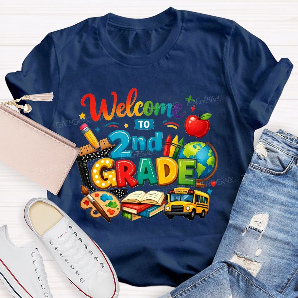 Personalized Grade Welcome To 2nd Grade School Bus And Crayons Teacher T-shirt