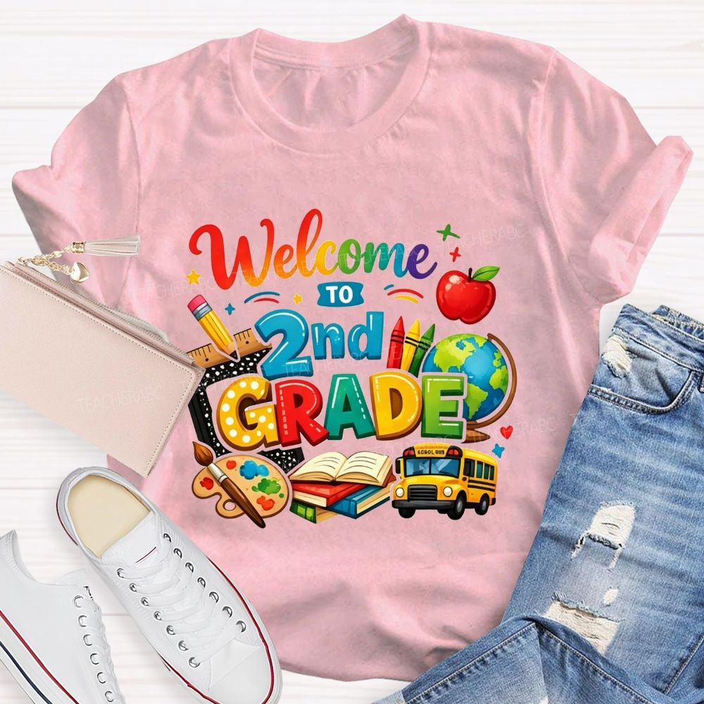 Personalized Grade Welcome To 2nd Grade School Bus And Crayons Teacher T-shirt