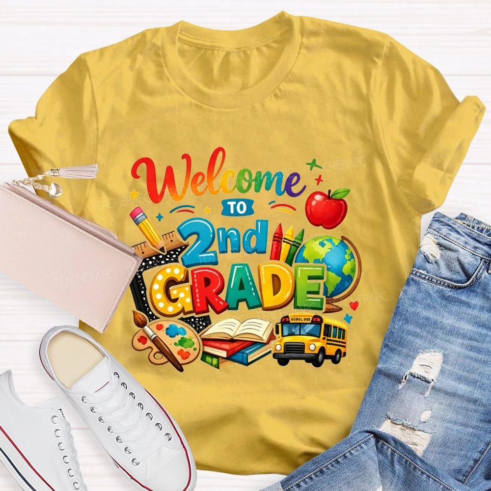 Personalized Grade Welcome To 2nd Grade School Bus And Crayons Teacher T-shirt
