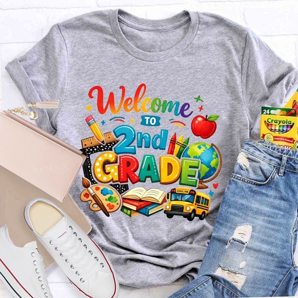 Personalized Grade Welcome To 2nd Grade School Bus And Crayons Teacher T-shirt