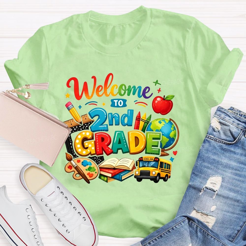 Personalized Grade Welcome To 2nd Grade School Bus And Crayons Teacher T-shirt