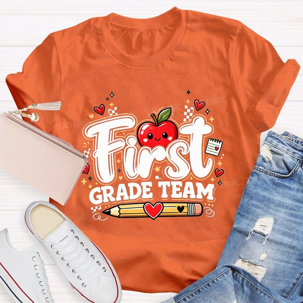 Personalized Grade First Grade Team Hearts And Apples Teacher T-shirt