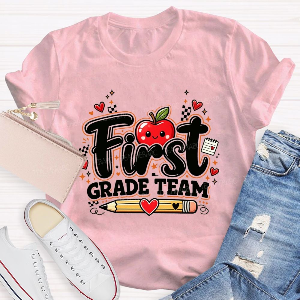 Personalized Grade First Grade Team Hearts And Apples Teacher T-shirt