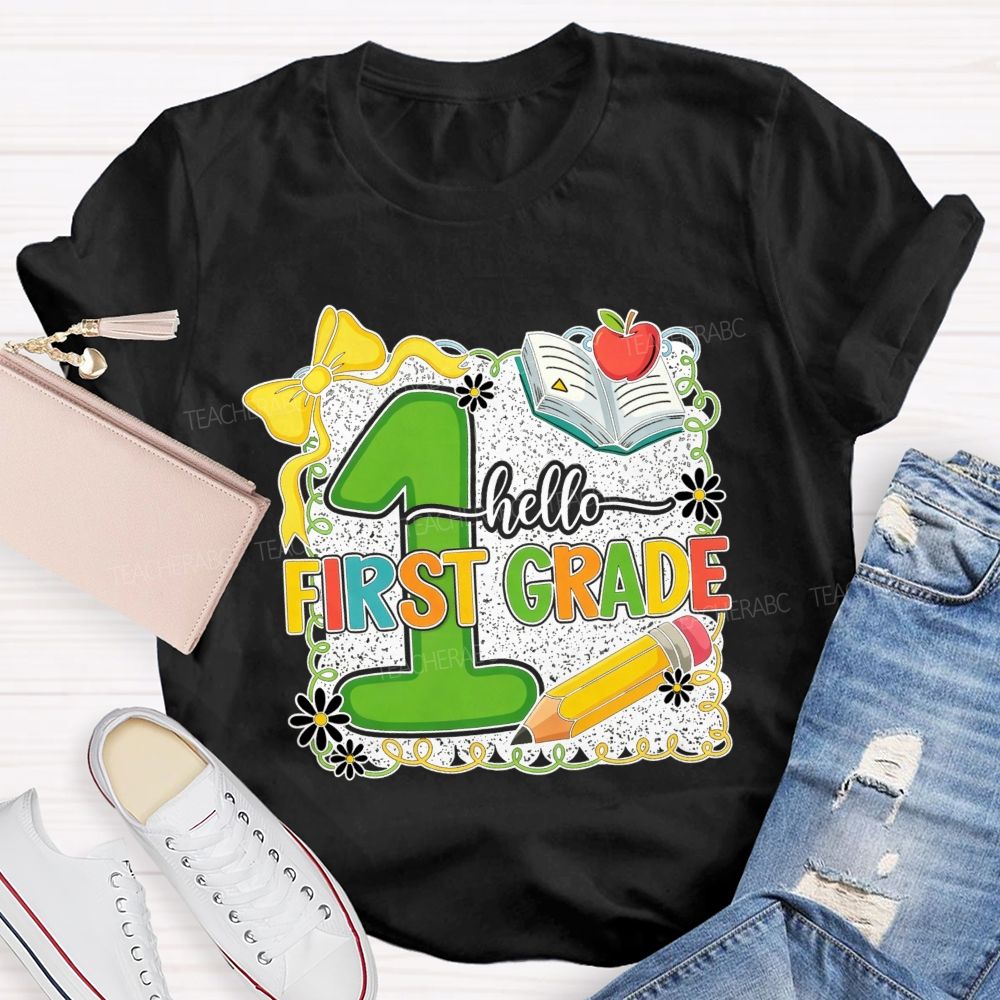 Personalized Grade Hello First Grade My Favorite Adventure Teacher T-shirt