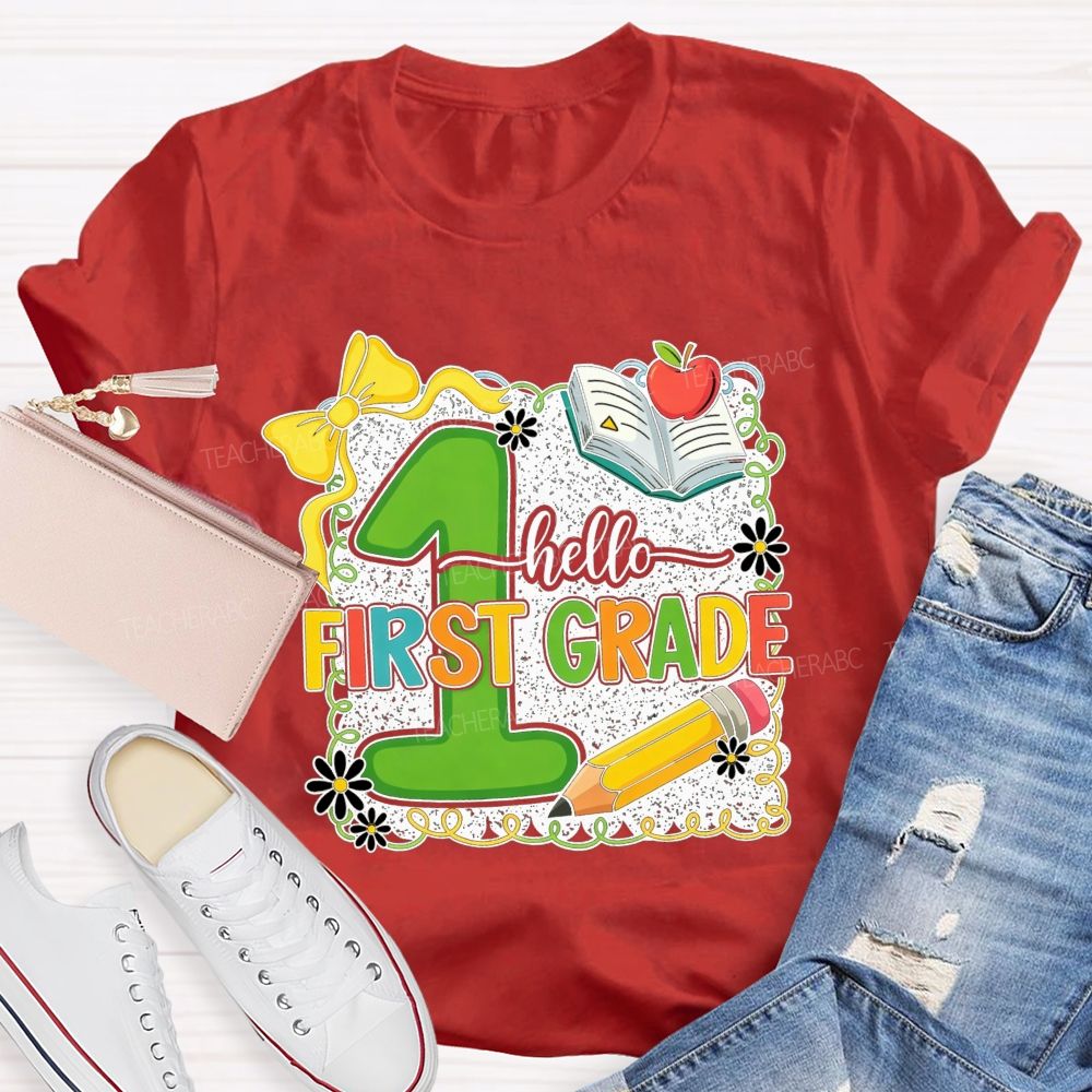 Personalized Grade Hello First Grade My Favorite Adventure Teacher T-shirt