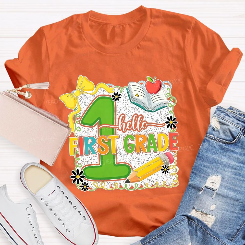 Personalized Grade Hello First Grade My Favorite Adventure Teacher T-shirt