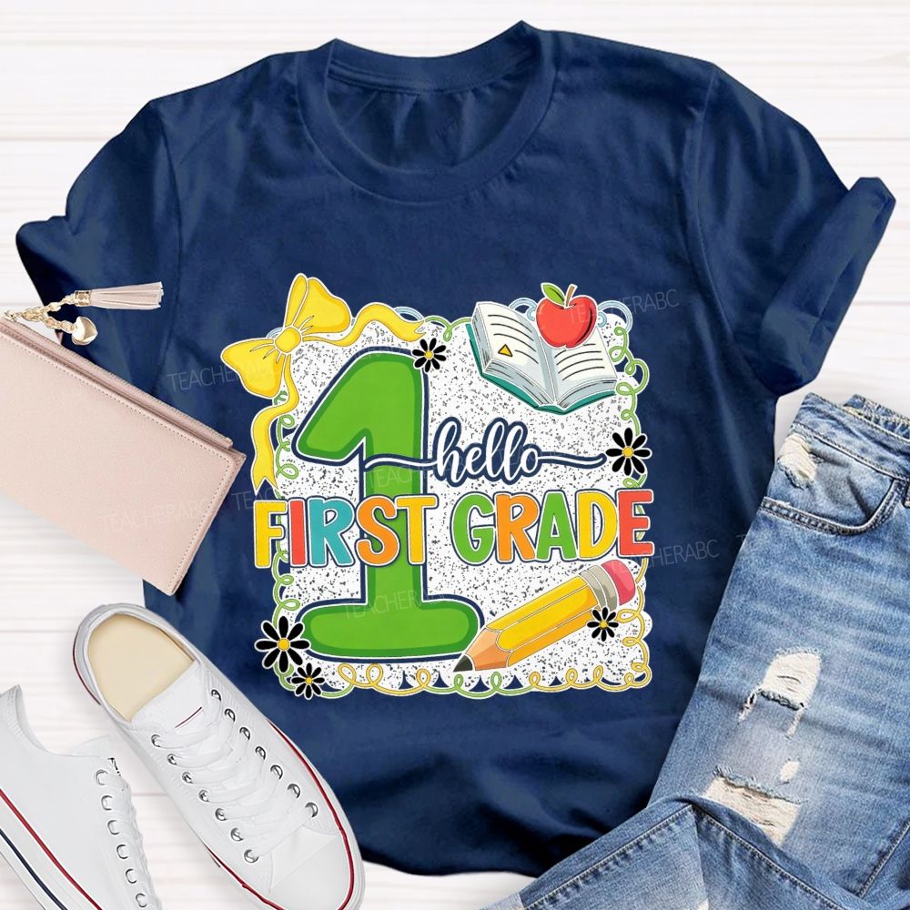 Personalized Grade Hello First Grade My Favorite Adventure Teacher T-shirt