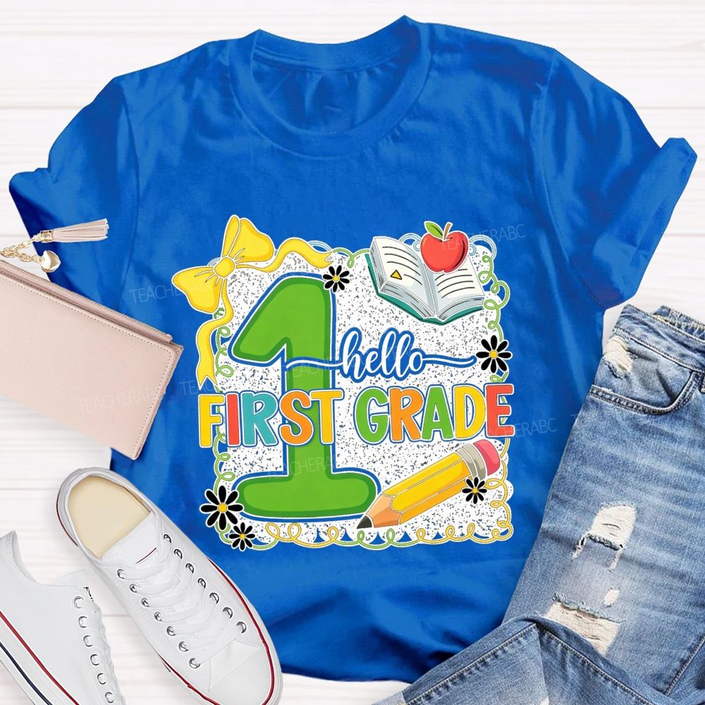 Personalized Grade Hello First Grade My Favorite Adventure Teacher T-shirt