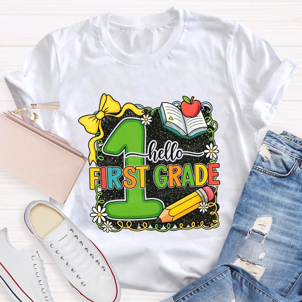 Personalized Grade Hello First Grade My Favorite Adventure Teacher T-shirt