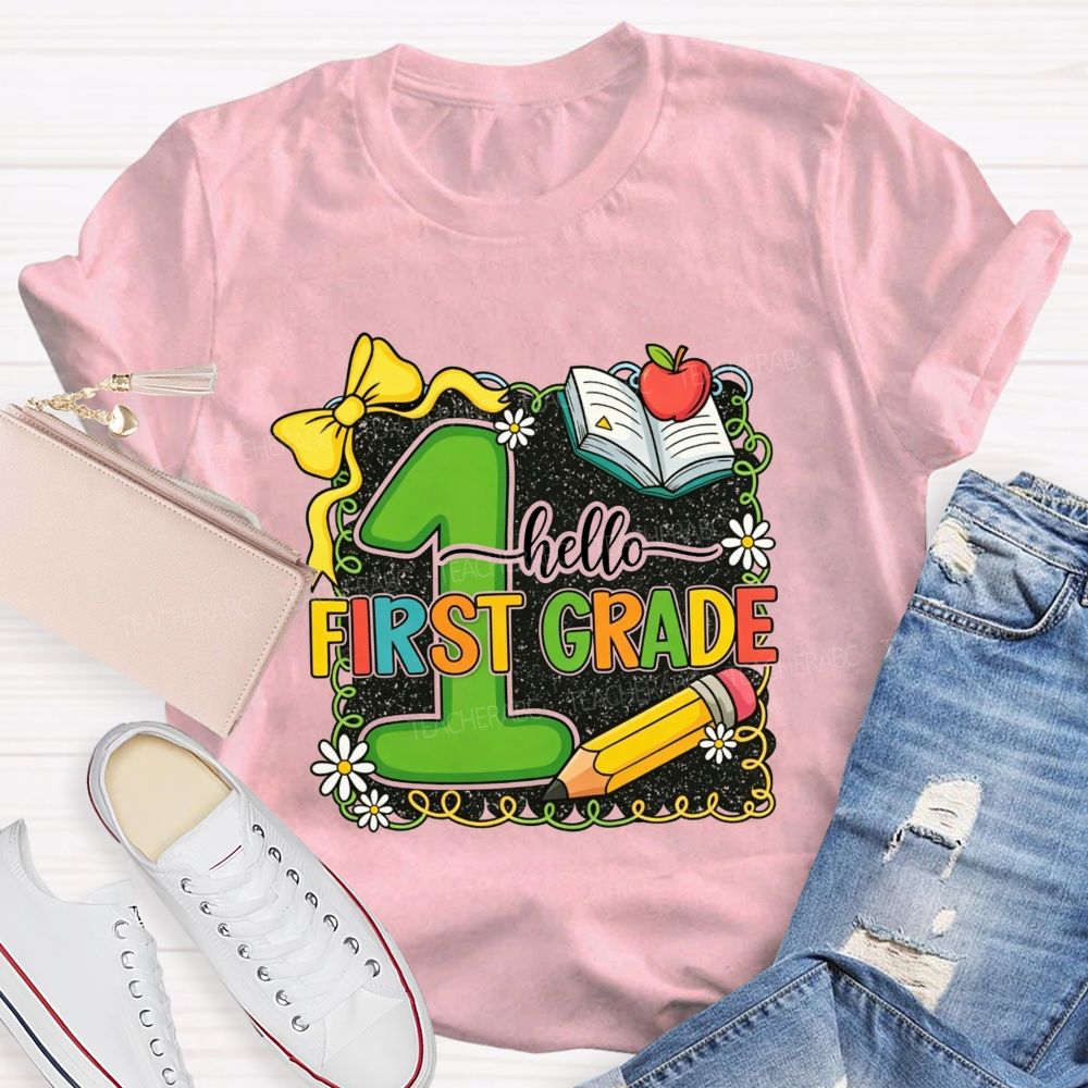 Personalized Grade Hello First Grade My Favorite Adventure Teacher T-shirt