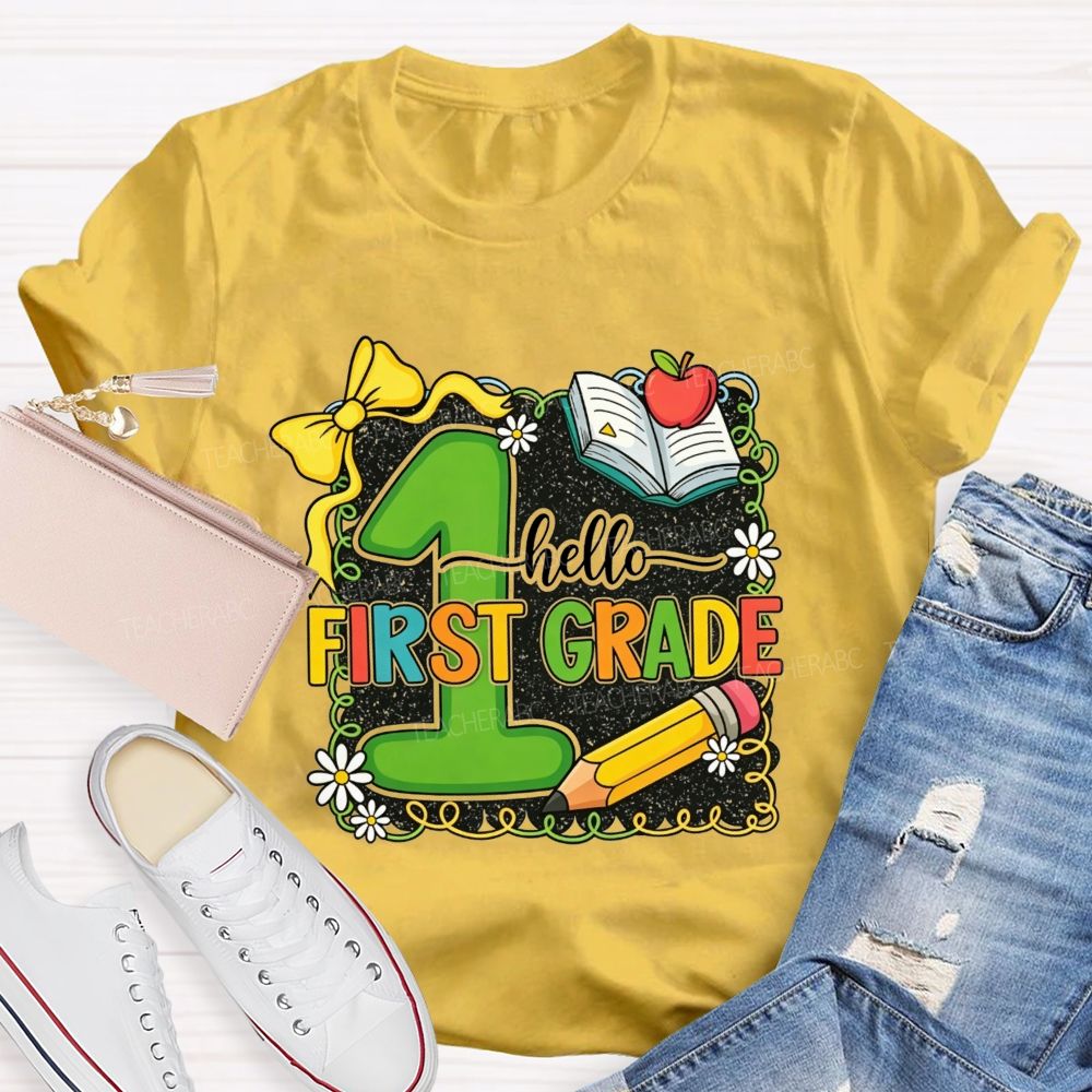 Personalized Grade Hello First Grade My Favorite Adventure Teacher T-shirt