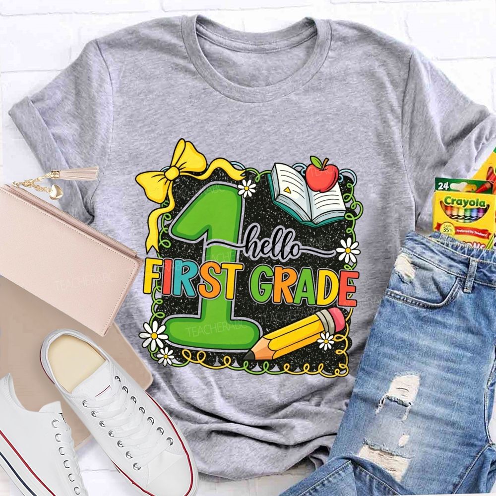 Personalized Grade Hello First Grade My Favorite Adventure Teacher T-shirt