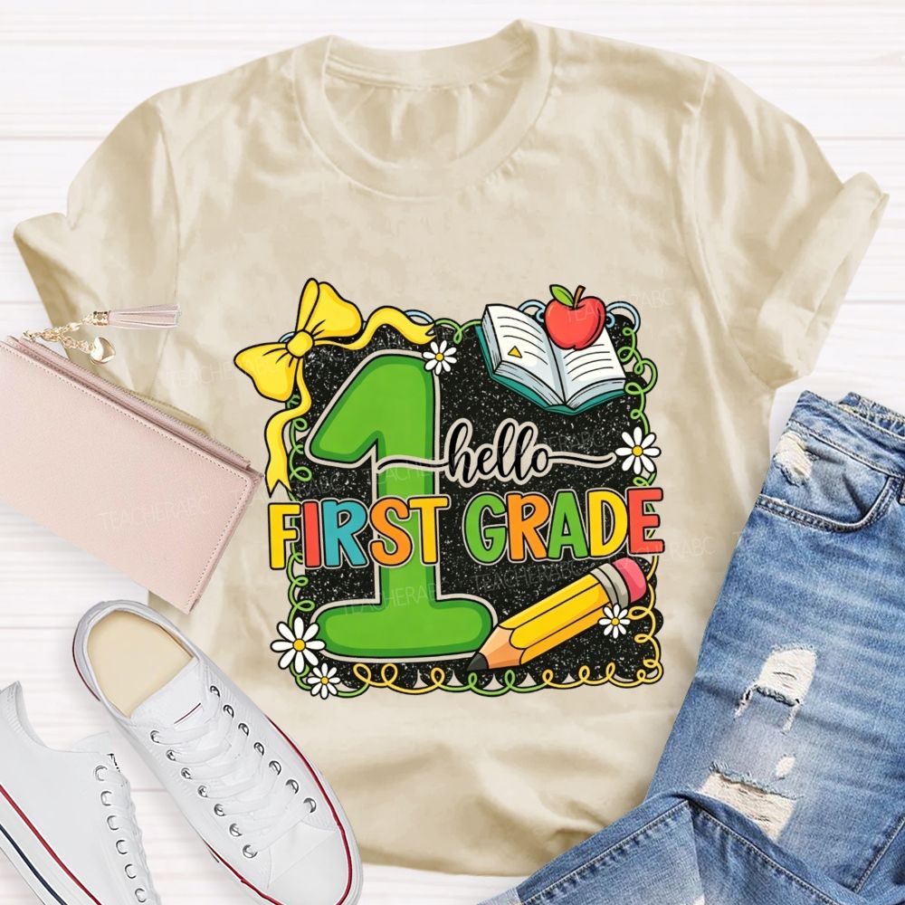 Personalized Grade Hello First Grade My Favorite Adventure Teacher T-shirt