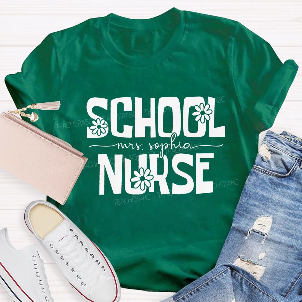 Personalized School Nurse Name Floral Teacher T-Shirt