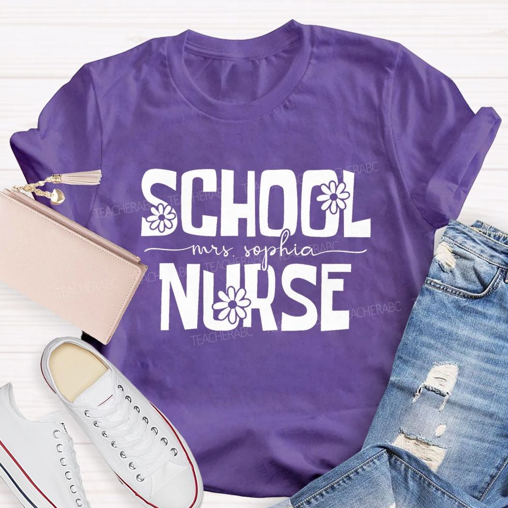Personalized School Nurse Name Floral Teacher T-Shirt