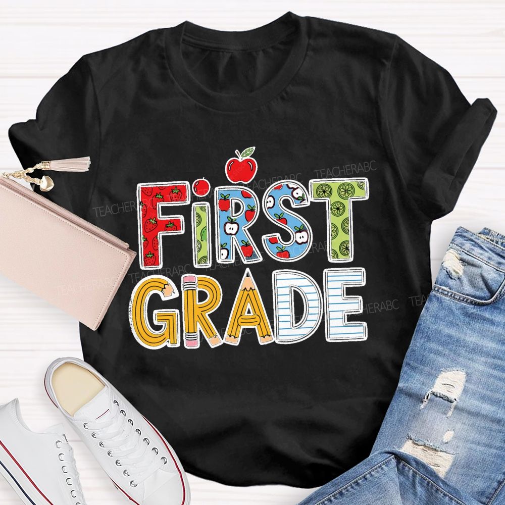 Personalized Grade Strawberry Pencil Apple Back To School Teacher T-Shirt