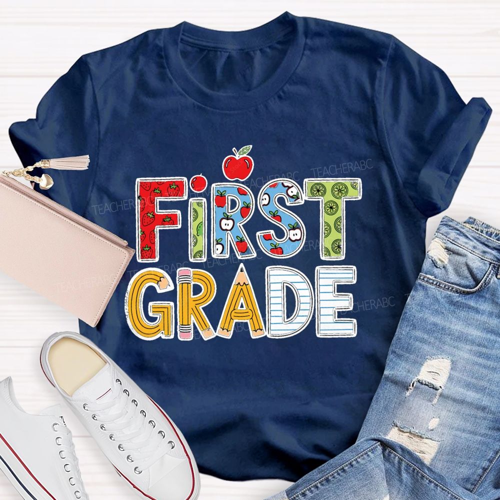 Personalized Grade Strawberry Pencil Apple Back To School Teacher T-Shirt