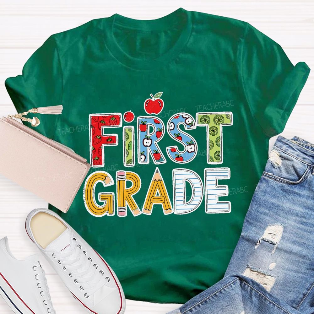 Personalized Grade Strawberry Pencil Apple Back To School Teacher T-Shirt