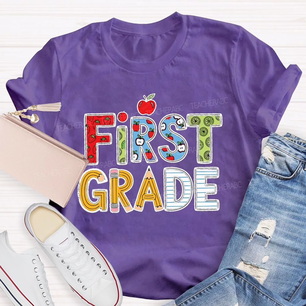 Personalized Grade Strawberry Pencil Apple Back To School Teacher T-Shirt